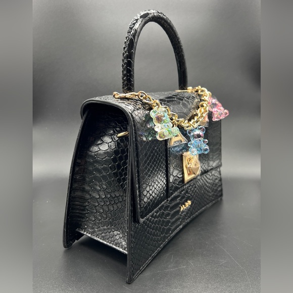 ALDO Black Croc Embossed Mini Top Handle Bag Gold Hardware Charm Chain Y2K - Picture 3 of 7